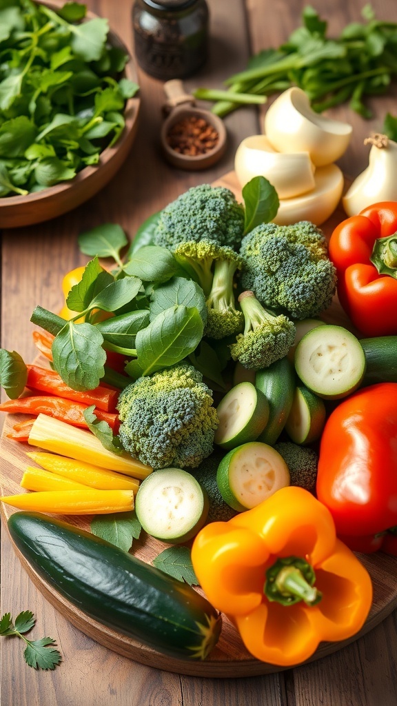 Zero Carb Vegetable Diet Plan An array of fresh low-carb vegetables including spinach, broccoli, zucchini, and bell peppers on a cutting board.